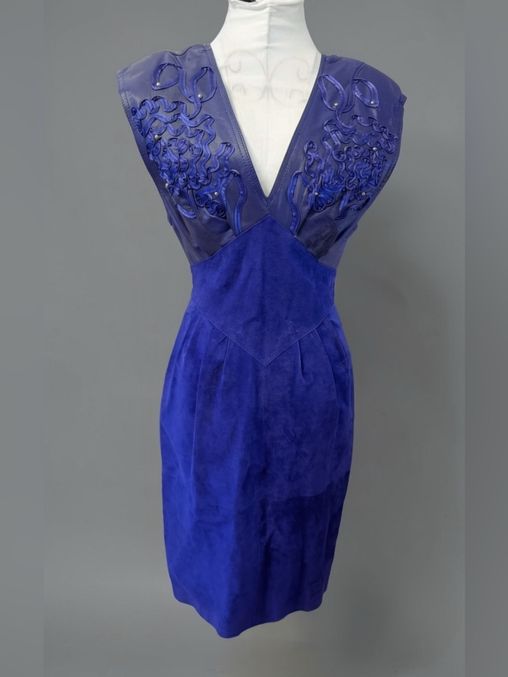 Vintage Alamos Suede Leather Bodycon Dress Royal Blue Purple 1980s 80s 7/8